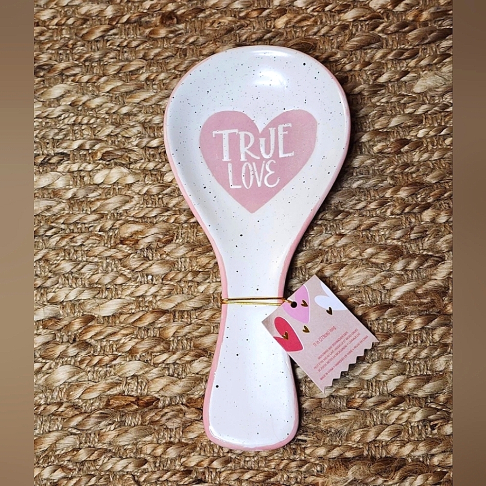 NEW Global Design Ceramic 11" Pink White True Love Spoon Rest Kitchen Decor Gift